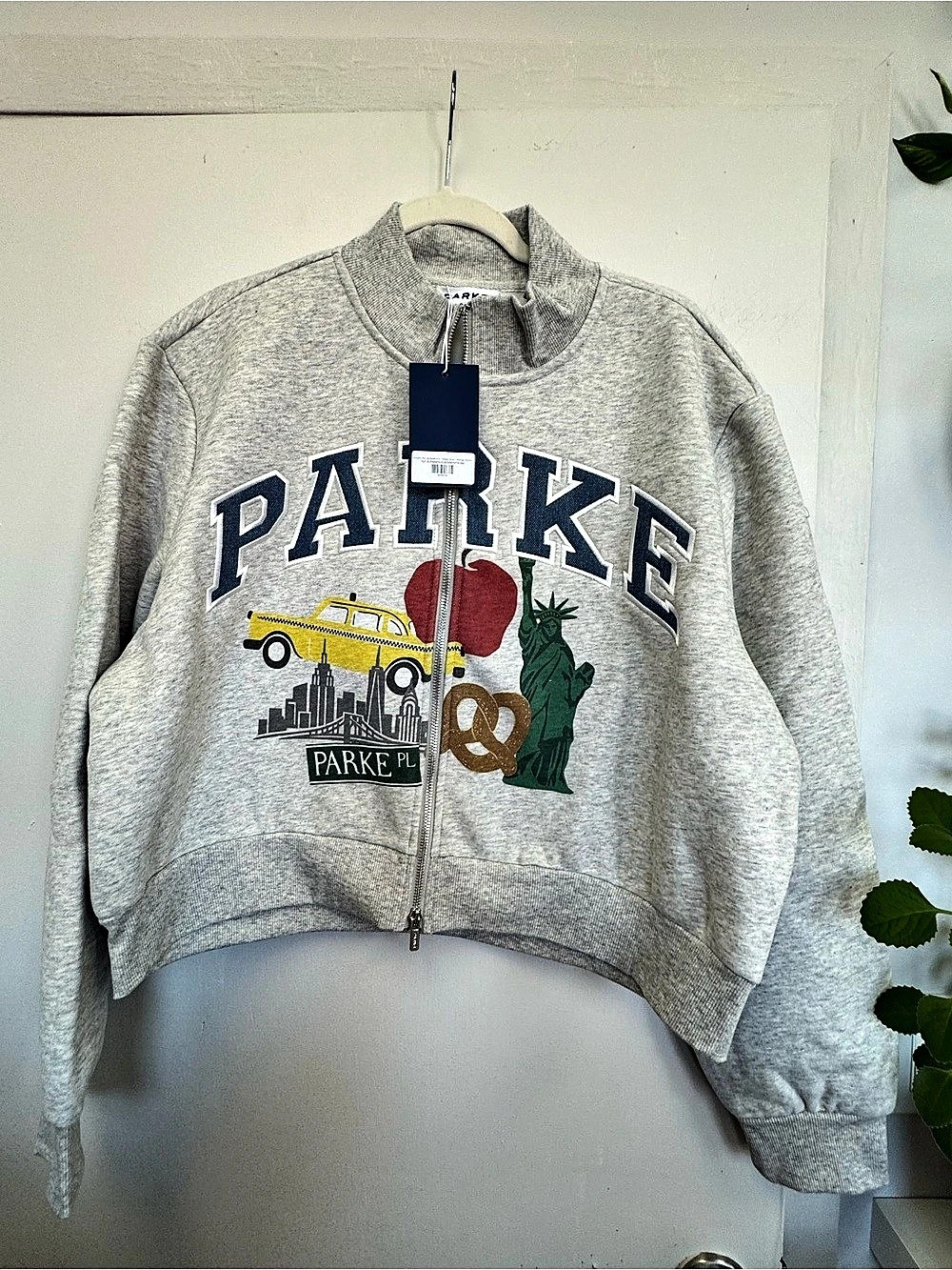 PARKE Graphic Zip-Up Varsity Jacket Gray S/M NWT